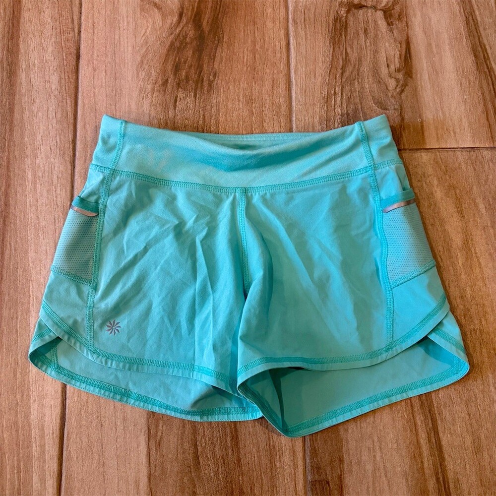 Athleta Girl Running Shorts Girls M Aqua Turquoise Side Pocket Reflective
